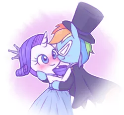 Size: 797x739 | Tagged: safe, artist:raridashdoodles, derpibooru import, rainbow dash, rarity, pony, blushing, clothes, dress, female, hat, lesbian, mask, outfits, raridash, sailor moon, shipping, slow dancing, tuxedo mask