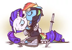 Size: 906x633 | Tagged: safe, artist:raridashdoodles, derpibooru import, rainbow dash, rarity, pony, alternate universe, armor, female, headband, japanese, katana, kissing, lesbian, ninja, raridash, samurai, shipping, sweat, sword, swordman, swordmare, weapon