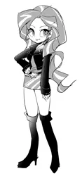 Size: 1000x2137 | Tagged: safe, artist:hacha, derpibooru import, sunset shimmer, equestria girls, boots, clothes, female, jacket, leather jacket, monochrome, shoes, skirt, solo