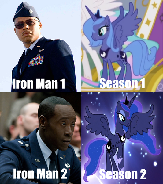 Size: 615x692 | Tagged: safe, derpibooru import, edit, edited screencap, screencap, princess luna, pony, bloom and gloom, friendship is magic, season 1, season 2, comparison, cropped, don cheadle, iron man, iron man 2, james rhodes, marvel cinematic universe, s1 luna, slowpoke, terrence howard, war machine