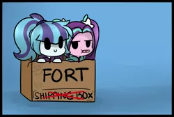 Size: 1280x861 | Tagged: safe, artist:jankrys00, derpibooru import, adagio dazzle, aria blaze, sonata dusk, equestria girls, :p, :t, ariabetes, blue background, box, box fort, c:, candy, candy cane, cardboard box, chibi, clothes, cute, flower, food, fort, gradient background, hoodie, leaning, lidded eyes, looking at you, pigtails, ponytail, puffy cheeks, silly, simple background, smiling, sonatabetes, sweets, tongue out, unamused