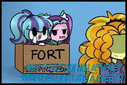 Size: 1280x861 | Tagged: safe, artist:jankrys00, derpibooru import, adagio dazzle, aria blaze, sonata dusk, equestria girls, :o, :p, :t, ariabetes, blue background, box, box fort, candy, cardboard box, censored vulgarity, chibi, clothes, cute, dialogue, flower, food, fort, frown, gradient background, hidden eyes, hoodie, leaning, lidded eyes, looking at you, open mouth, pigtails, ponytail, puffy cheeks, silly, simple background, sonatabetes, subtitles, sweets, text, tongue out, unamused, vulgar