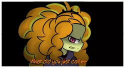 Size: 1280x698 | Tagged: safe, artist:jankrys00, derpibooru import, adagio dazzle, equestria girls, angry, black background, clothes, frown, glare, hoodie, looking at you, open mouth, simple background, solo, subtitles, text