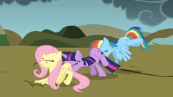 Size: 1920x1080 | Tagged: safe, derpibooru import, screencap, fluttershy, rainbow dash, twilight sparkle, pegasus, pony, unicorn, dragonshy, bag, dragon mountain, faceful of ass, female, map, mare, mountain, out of context, pushing, rump push, saddle bag