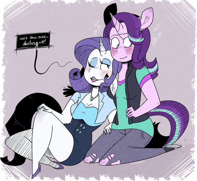 Size: 1280x1177 | Tagged: safe, artist:drmedrick, derpibooru import, rarity, starlight glimmer, anthro, unicorn, blushing, breasts, clothes, dialogue, female, leaning, lesbian, sapphire eye rarity, shipping, starity