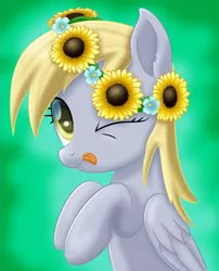 Size: 806x997 | Tagged: safe, artist:lifesharbinger, derpibooru import, derpy hooves, pegasus, pony, cute, derpabetes, female, floral head wreath, flower, flower in hair, mare, one eye closed, solo, sunflower, tongue out
