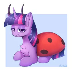 Size: 1500x1466 | Tagged: safe, artist:puetsua, derpibooru import, twilight sparkle, alicorn, insect, ladybug, pony, annoyed, chest fluff, clothes, costume, cute, ear fluff, female, irony, looking at you, mare, sad, solo, twilight hates ladybugs, unamused