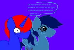 Size: 1033x702 | Tagged: safe, artist:eeveeglaceon, derpibooru import, oc, oc:assassin, oc:old assassin, oc:swashbuckle, unofficial characters only, pegasus, pony, unicorn, tumblr:the sun has inverted, aqua coat, aqua eye, aqua hair scrunchie, blue background, blue coat, blue eye, color change, corrupted, darkened coat, darkened hair, duo, duo male and female, going crazy, grin, horn, indigo background, inverted, inverted colors, nervous, nervous grin, nervous laugh, panicking, pegasus oc, petrification, ponytail, possessed, purple background, royal blue hair, scared, sidemouth, simple background, smiling, tumblr, unicorn oc, violet background, wide eyes, wings, word balloon, word bubble