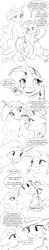 Size: 1280x6595 | Tagged: safe, artist:silfoe, derpibooru import, princess celestia, rarity, sweetie belle, alicorn, pony, unicorn, royal sketchbook, black and white, comic, cutie mark, dialogue, female, filly, foal, grayscale, lesbian, lineart, mare, monochrome, protective little sister, rarilestia, shipping, simple background, speech bubble, the cmc's cutie marks, trio, white background