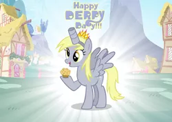 Size: 3457x2452 | Tagged: safe, artist:andoanimalia, derpibooru import, derpy hooves, pegasus, pony, cute, derpabetes, derpy day, derpy day 2019, fake horn, female, food, muffin, ponyville, solo