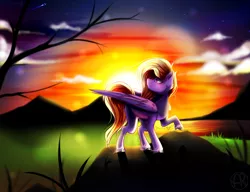Size: 1024x788 | Tagged: safe, artist:artquake1511, derpibooru import, oc, unnamed oc, pegasus, pony, cloud, grass, hill, looking at something, mountain, mountain range, scenery, shore, solo, standing, sun, sunset, tree