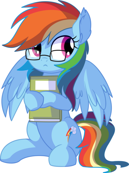Size: 5837x7824 | Tagged: safe, artist:cyanlightning, derpibooru import, rainbow dash, pegasus, pony, .svg available, absurd resolution, book, cute, dashabetes, dork, ear fluff, egghead dash, female, glasses, mare, nerd, simple background, sitting, smiling, solo, spread wings, transparent background, vector, wings