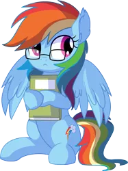 Size: 5837x7824 | Tagged: safe, artist:cyanlightning, derpibooru import, rainbow dash, pegasus, pony, .svg available, absurd resolution, book, cute, dashabetes, dork, ear fluff, egghead dash, female, glasses, mare, nerd, simple background, sitting, smiling, solo, spread wings, transparent background, vector, wings