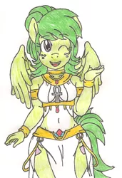 Size: 838x1224 | Tagged: ankh, anthro, artist:raijinsenshi, bracelet, clothes, derpibooru import, egyptian, egyptian pony, female, freckles, jewelry, mare, oc, oc:midori kuroba, pegasus, safe, solo, traditional art