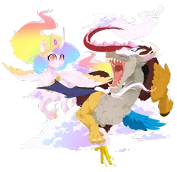 Size: 1270x1232 | Tagged: alicorn, artist:rossignolet, chest fluff, cloud, collar, colored wings, colored wingtips, derpibooru import, discord, draconequus, ear fluff, ethereal mane, flowing mane, flying, friendship, jewelry, laughing, neck fluff, necklace, open mouth, princess celestia, regalia, safe, sparkles, surprised, wingding eyes, wings