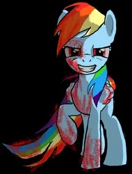 Size: 5610x7378 | Tagged: semi-grimdark, artist:fur4lol, derpibooru import, rainbow dash, pegasus, pony, fanfic:rainbow factory, absurd resolution, black background, blood, evil, evil grin, female, grin, looking at you, mare, rainbow factory dash, raised hoof, simple background, slasher smile, smiling, solo