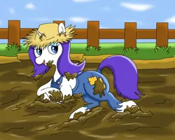 Size: 2000x1600 | Tagged: safe, artist:amateur-draw, derpibooru import, rarity, pony, unicorn, clothes, hat, messy, mud, mud pony, muddy, overalls, pig pen, rarihick, side, solo, straw hat, wet and messy