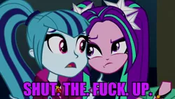 Size: 1920x1080 | Tagged: safe, artist:dwk, derpibooru import, edit, edited screencap, screencap, aria blaze, sonata dusk, totally legit recap, equestria girls, rainbow rocks, caption, image macro, impact font, meme, pigtails, ponytail, text, twintails, vulgar