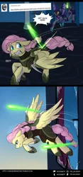 Size: 750x1599 | Tagged: safe, artist:its-gloomy, derpibooru import, fluttershy, bat pony, pegasus, pony, unicorn, wingless bat pony, tumblr:ask queen moon, blast, comic, magic, magic blast, metal claws, night guard, sky, wingless