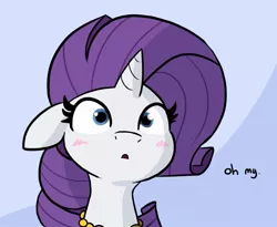 Size: 771x632 | Tagged: safe, artist:tjpones, derpibooru import, edit, edited edit, rarity, pony, unicorn, blushing, bust, cropped, edit of an edit of an edit, female, frown, grin, horn, jewelry, mare, nervous, nervous grin, offscreen character, open mouth, out of context, reaction image, shocked, smiling, solo, wide eyes