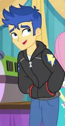 Size: 525x1019 | Tagged: safe, derpibooru import, screencap, flash sentry, fluttershy, best in show: the pre-show, equestria girls, equestria girls series, spoiler:eqg series (season 2), clothes, cropped, hands in pockets, hoodie, male, microphone, offscreen character, smiling