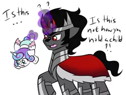Size: 1600x1200 | Tagged: safe, artist:jolliapplegirl, derpibooru import, king sombra, princess flurry heart, pony, unicorn, season 9, the beginning of the end, spoiler:s09, ..., dialogue, exclamation point, female, filly, foal, interrobang, leg hold, magic, male, open mouth, question mark, simple background, stallion, telekinesis, white background