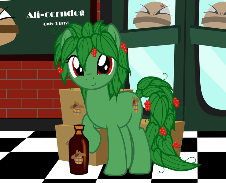 Size: 2516x2044 | Tagged: safe, artist:badumsquish, derpibooru import, oc, oc:sassie parilla, unofficial characters only, monster pony, original species, plant pony, pony, anger burger, barrel, berries, bottle, box, burger, cowboy hat, cross-popping veins, diner, door, drink, female, food, hat, leaves, logo, looking at you, monster mare, plant, plant mane, raised hoof, red eyes, restaurant, sarsaparilla, smiling, soda, soda bottle, solo, stetson