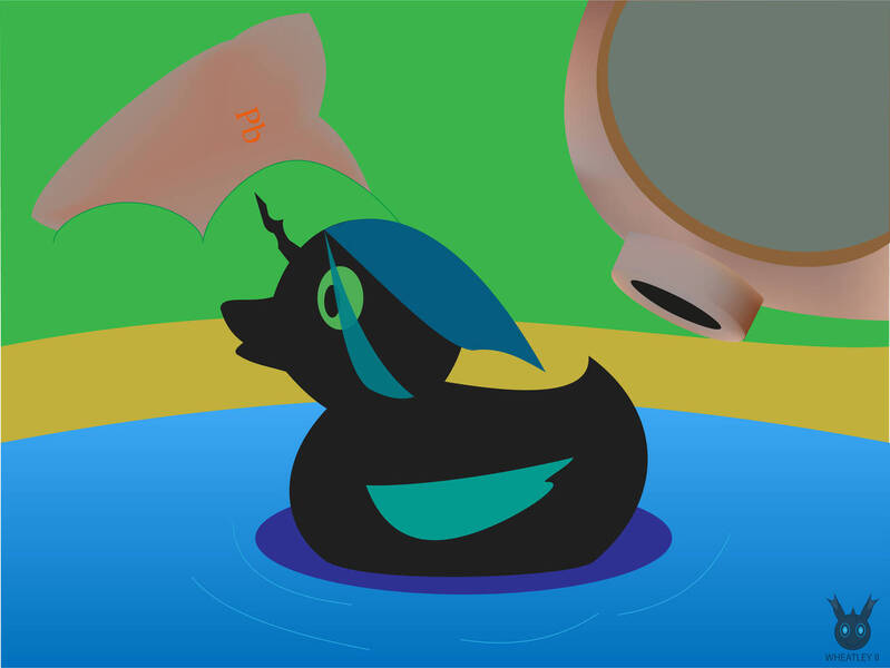 Size: 1280x961 | Tagged: artist:101dsz, artist:wheatley r.h., derpibooru import, helmet, implied chrysalis, lake, queen chrysalis, rubber duck, safe, scuba, single panel, vector, water, watermark