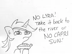 Size: 1440x1077 | Tagged: safe, artist:tjpones, derpibooru import, lyra heartstrings, pony, turtle, unicorn, begging, black and white, cute, dialogue, ear fluff, female, frown, grayscale, hoof hold, lineart, looking up, lyrabetes, mare, monochrome, offscreen character, puppy dog eyes, sad, sadorable, simple background, solo focus, text, traditional art, white background