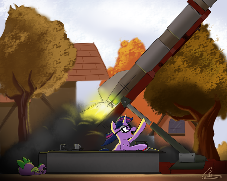 Size: 3574x2851 | Tagged: safe, artist:oinktweetstudios, derpibooru import, spike, twilight sparkle, twilight sparkle (alicorn), alicorn, dragon, pony, female, glasses, i can't believe it's not sci-twi, male, mare, open mouth, rocket, rocket launcher, signature, sky, tree, twilight's professional glasses