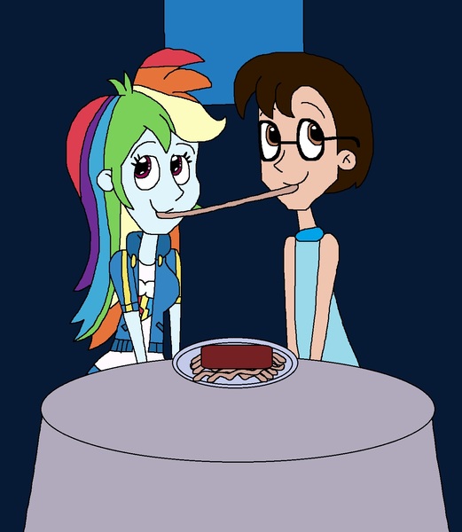 Size: 1273x1465 | Tagged: safe, artist:hunterxcolleen, derpibooru import, rainbow dash, oc, oc:stewart gary, human, equestria girls, equestria girls series, bella notte, eating, food, intestines, lady and the tramp, pasta, plate, spaghetti, table, tomato sauce