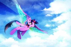 Size: 1500x1000 | Tagged: safe, artist:skyeypony, derpibooru import, twilight sparkle, twilight sparkle (alicorn), alicorn, pony, rainbow roadtrip, cloud, colored wings, female, flying, looking away, mare, open mouth, sky, smiling, solo, spoiler, spread wings, wings