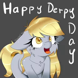 Size: 3000x3000 | Tagged: safe, artist:fajnyziomal, derpibooru import, derpy hooves, pegasus, pony, cheek fluff, colored pupils, cute, derpabetes, derpy day, derpy day 2019, female, floppy ears, gray background, looking up, mare, open mouth, signature, simple background, smiley face, solo