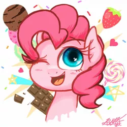 Size: 1280x1280 | Tagged: safe, artist:phoenixrk49, derpibooru import, pinkie pie, pony, blushing, bust, candy, chocolate, cute, diapinkes, female, food, heart, ice cream, lollipop, mare, one eye closed, open mouth, portrait, signature, solo, sprinkles, stars, strawberry, wink