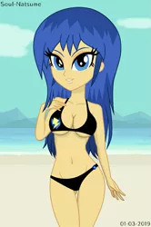 Size: 665x1000 | Tagged: suggestive, artist:soul-natsume, derpibooru import, flash sentry, equestria girls, belly button, bikini, breasts, cleavage, clothes, equestria guys, female, flare warden, looking at you, rule 63, smiling, solo, solo female, swimsuit