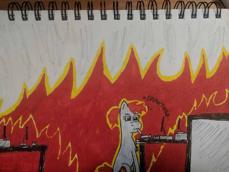 Size: 4032x3024 | Tagged: safe, artist:pinkamenace, derpibooru import, oc, oc:golden lotus, unofficial characters only, pony, computer, drawing, fire, mouth hold, office, solo, traditional art