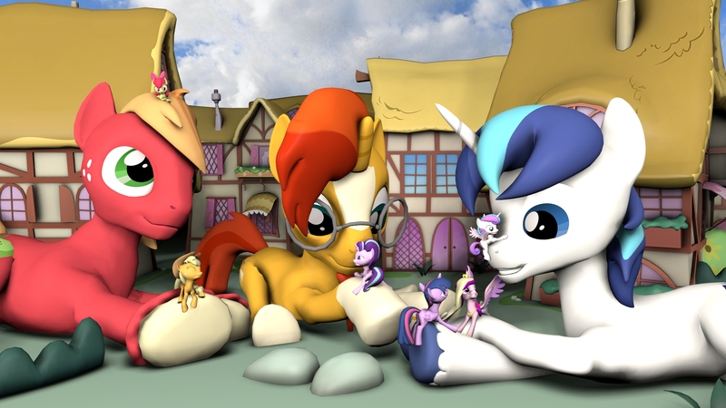 Size: 1920x1080 | Tagged: safe, artist:jeroen01, derpibooru import, apple bloom, applejack, big macintosh, princess cadance, princess flurry heart, shining armor, starlight glimmer, sunburst, twilight sparkle, twilight sparkle (alicorn), alicorn, pony, 3d, giant pony, macro, older, older flurry heart, ponyville, request, source filmmaker