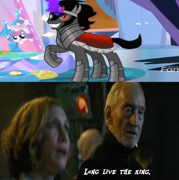 Size: 1660x1668 | Tagged: safe, derpibooru import, edit, edited screencap, screencap, king sombra, human, pony, unicorn, season 9, the beginning of the end, spoiler:s09, 2019, charles dance, emma russel, godzilla: king of the monsters 2019, jonah alan, male, meme, stallion, vera farmiga