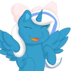 Size: 800x800 | Tagged: safe, artist:dovepetal41, derpibooru import, oc, oc:fleurbelle, alicorn, pony, adorable face, alicorn oc, behaving like a cat, bow, commission, cute, eyes closed, female, hair bow, happy, horn, mare, mouth, ribbon, simple background, smiling, transparent background, wings, ych result