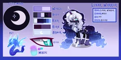 Size: 1920x956 | Tagged: safe, artist:sugaryicecreammlp, derpibooru import, oc, oc:lunar warrior, alicorn, pony, alicorn oc, crescent moon, ethereal mane, horn, male, moon, offspring, parent:princess luna, reference sheet, solo, stallion, starry mane, wings