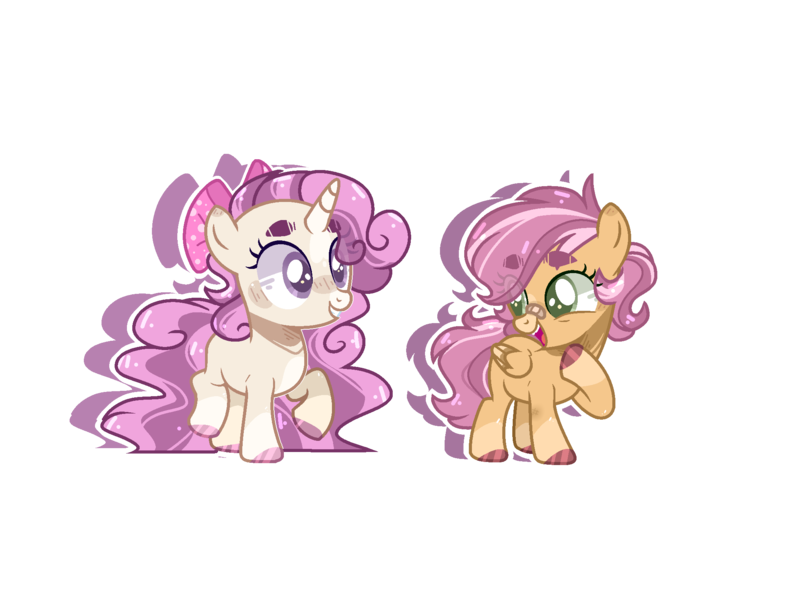 Size: 2080x1552 | Tagged: safe, artist:jxst-alexa, derpibooru import, oc, unofficial characters only, pegasus, pony, unicorn, bow, female, filly, hair bow, magical lesbian spawn, offspring, parent:scootaloo, parent:sweetie belle, parents:scootabelle, simple background, transparent background