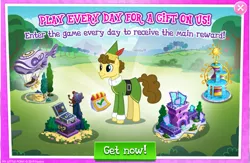 Size: 1047x684 | Tagged: safe, derpibooru import, official, budding pine, buddy the elf, earth pony, elf, pony, advertisement, airship, clothes, elf (movie), elf ears, fountain, gameloft, hat, male, stallion