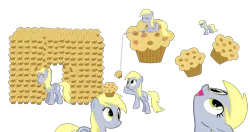 Size: 4097x2161 | Tagged: safe, artist:sciencesean, derpibooru import, derpy hooves, pegasus, pony, bait, clone, cute, derpabetes, derpy day, derpy day 2019, eating, eyes closed, eyes on the prize, female, fishing rod, food, fort, looking up, mare, muffin, muffin fort, muffin hat, multeity, open mouth, prone, reaching, simple background, smiling, string, tiny, tiny ponies, transparent background, vector, walking