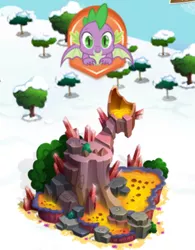 Size: 364x466 | Tagged: derpibooru import, dragon, flamecano, gameloft, game screencap, lava, limited-time story, molt down, safe, spike, the anonymous campsite, volcano, winged spike