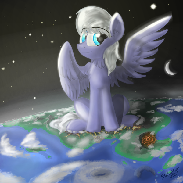 Size: 1000x1000 | Tagged: semi-grimdark, artist:notimportantinternetperson, derpibooru import, oc, oc:starspot, pegasus, pony, butt crush, cloud, crater, crescent moon, destruction, ear fluff, giant pony, implied apocalypse, implied death, lava, lidded eyes, macro, male, moon, neck fluff, planet, shoulder fluff, sitting, smiling, smirk, solo, space, spread wings, stallion, stars, this will end in extinction, tiny city, wing fluff, wings