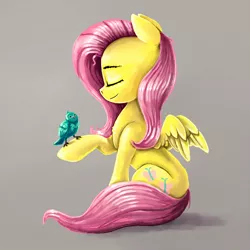 Size: 1800x1800 | Tagged: safe, artist:rysunkowasucharia, derpibooru import, fluttershy, bird, pegasus, pony, cute, eyes closed, female, hoof hold, mare, profile, raised hoof, shyabetes, sitting, smiling, solo, spread wings, wings