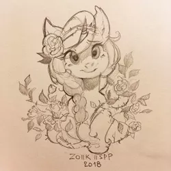 Size: 1080x1080 | Tagged: safe, artist:lispp, derpibooru import, oc, unofficial characters only, pony, unicorn, flower, flower in hair, grayscale, monochrome, pencil drawing, rose, simple background, solo, traditional art, white background