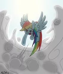 Size: 792x936 | Tagged: safe, artist:no-ink, derpibooru import, rainbow dash, pony, action pose, cloud, monochrome, sky, solo, sun