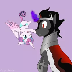 Size: 900x900 | Tagged: safe, artist:enigmadoodles, derpibooru import, king sombra, princess flurry heart, alicorn, pony, season 9, the beginning of the end, spoiler:s09, :p, boop, cute, dawwww, duo, flurrybetes, imminent death, magic, parody, profile, purple background, scene parody, silly, simple background, telekinesis, tongue out, upside down
