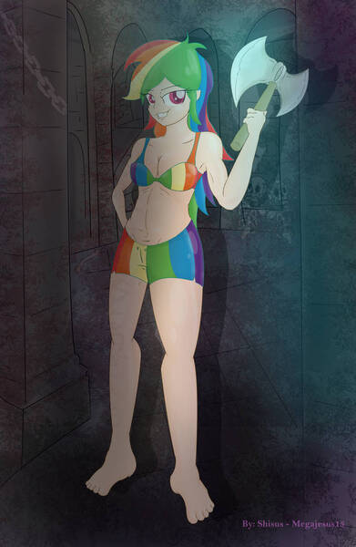 Size: 722x1107 | Tagged: artist:megajesus15, axe, battle axe, boyshorts, bra, breasts, castle, cleavage, clothes, derpibooru import, female, ghost and goblins, ghost n goblins, human, humanized, panties, rainbow dash, rainbow underwear, solo, solo female, suggestive, underwear, weapon